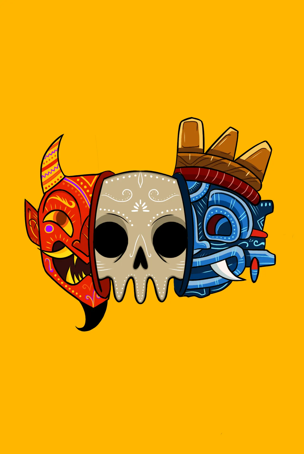 Ilustración de una calavera entre dos máscaras ornamentadas sobre amarillo